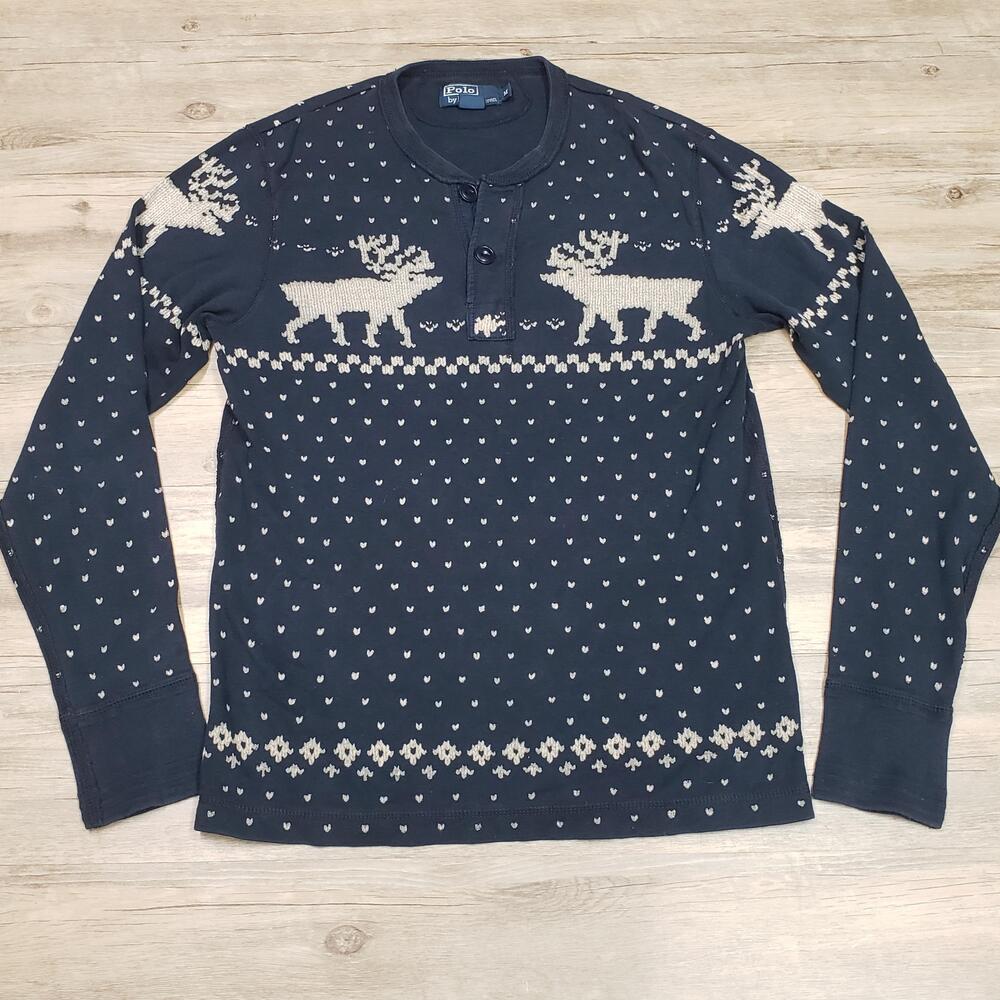 Polo By Ralph Lauren Sweater Mens Medium Henley Reindeer Fair Isle Christmas
